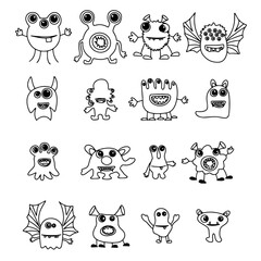 Big collection of doodle monsters. Hand drawn, funny, cute, scary monsters. Big set monsters. Vector illustration.