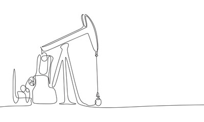 Pumpjack. One line continuous abstract conception of lift oil out, pump jack. Line art, outline, silhouette, vector illustration.