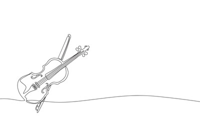 Violin and bow. One line continuous abstract conception of musical instrument. Line art, outline, silhouette, vector illustration.