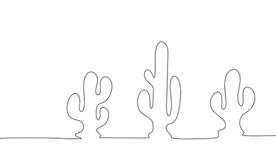 Silhouette cactus in row. One line continuous abstract conception of nature in desert. Line art, outline, silhouette, vector illustration.