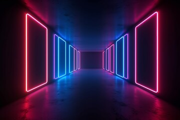Step into the 80's Retro Style: Exploring an Illuminated Corridor with Ultraviolet Light and Abstract Backgrounds on a Fashion Show Stage, Generative AI.