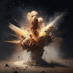 big powerful explosion. a lot of dust and fragments flying to the sides.