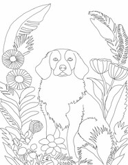Cute dog floral line art for kids coloring book 