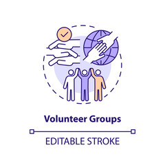 Volunteer groups concept icon. Community help. Non profit. Get involved. Charity work. Common goal. Micro community abstract idea thin line illustration. Isolated outline drawing. Editable stroke