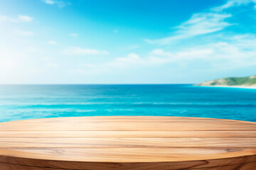 Fototapeta na wymiar wooden table looking out to a blue ocean