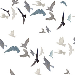 Watercolor seamless pattern with birds on the white background.