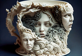 Mysterious rough making woman face cup monument with ominous ornaments and decorations. 3D rendered ancient sculpture style. Dark fantasy, witchcraft concept. Fictional model. Made with Generative AI