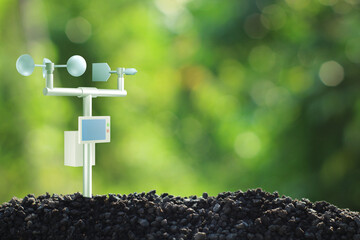 Illustration of mini anemometer on high environment connected to display panel.  Internet of things concept