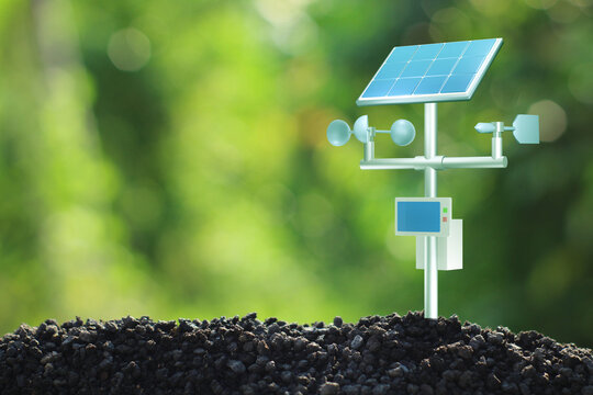 Illustration of mini anemometer on high environment integrated with solar panel connected to display panel.  Internet of things concept