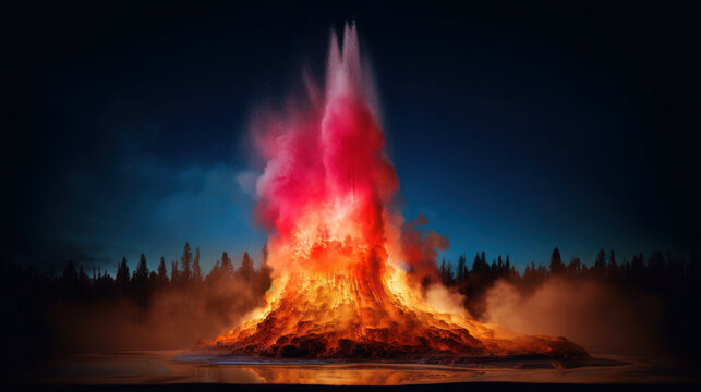 A geyser eruption, with the high-pressure water colored in neon orange and red hues