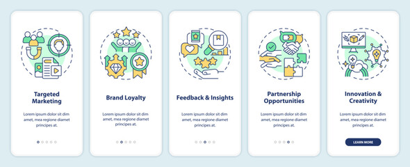 Micro community benefits for business onboarding mobile app screen. Walkthrough 5 steps editable graphic instructions with linear concepts. UI, UX, GUI template. Myriad Pro-Bold, Regular fonts used