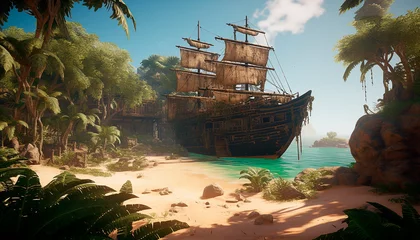 Wall murals Shipwreck Tropical island with a pirate ship in disrepair and a trove of riches