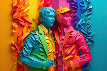 Fototapeta premium Papercut illustration of a LGBTQ couple for Pride day background . Generative Ai illustration