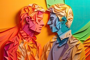 Fototapeta premium Papercut illustration of a LGBTQ couple for Pride day background . Generative Ai illustration