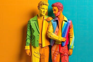 Fototapeta premium Papercut illustration of a LGBTQ couple for Pride day background . Generative Ai illustration