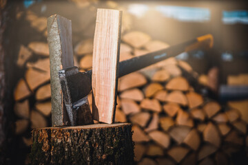 Axe cut in the chopping block in wood background. Lumber jacks wood cutting work tool.