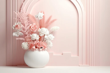 bright product display background with flower bouquet and arc, luxury podium in pastel colors, generative ai