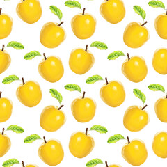 Illustration realism seamless pattern fruit apple yellow color on a white isolated background. High quality illustration