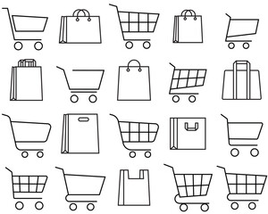 Shopping cart and shopping bag set line icon, logo vector