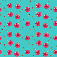 Illustration realism seamless pattern berry red cherry on a blue green background. High quality illustration