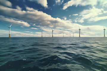 Offshore Wind farm calm sea blue sky