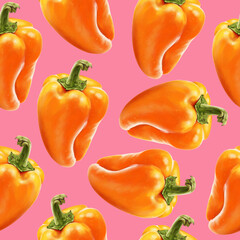 Illustration realism seamless pattern vegetable paprika orange color on a blue background. Sweet bell pepper. High quality illustration