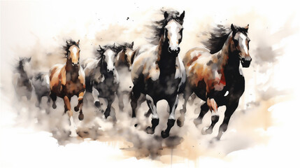 Generative AI, Unbridled Freedom: Watercolor Drawing of a Herd of Wild Horses
