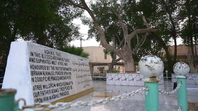 Marble stone with inscription in English and Arabic with Tree of Adam or of Knowledge in background, El Qurna in Iraq