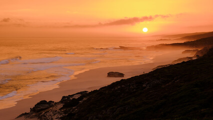 Sunset at De Hoop Nature Reserve South Africa Western Cape, the most beautiful beach in South Africa with white dunes at the de hoop nature Reserve which is part of the garden route in South Africa