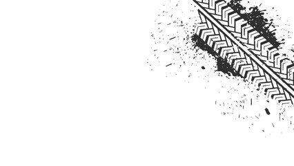 Obraz premium Black tire marks on a white background with a worn effect and splashes of dirt. Vector isolated texture .Tire tracks background for rally, drift, motocross, off-road and other auto and motorsport. 