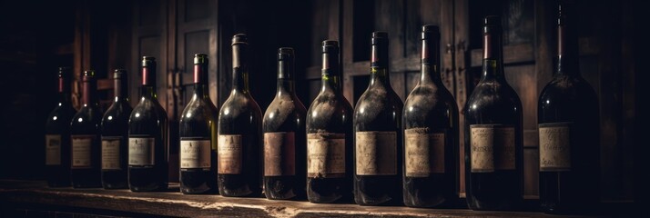 Wine bottles in a row, dark wine cellar background, Generative AI