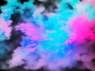 Fototapeta premium Paint water. Color mist. Magic spell mystery. Blue pink contrast vapor floating splash cloud blend on dark black abstract art background, Ai Generative