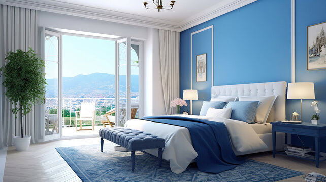 White and blue interior of classic style elegant resort apartment for summer vacation concept. Generative Ai