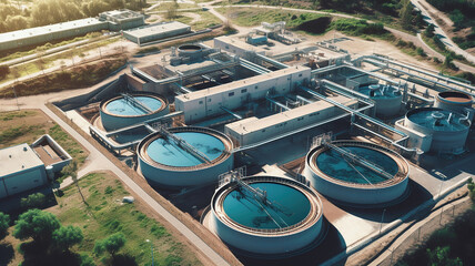 Aerial view of wastewater treatment plant, filtration of dirty or sewage water. Generative Ai - obrazy, fototapety, plakaty