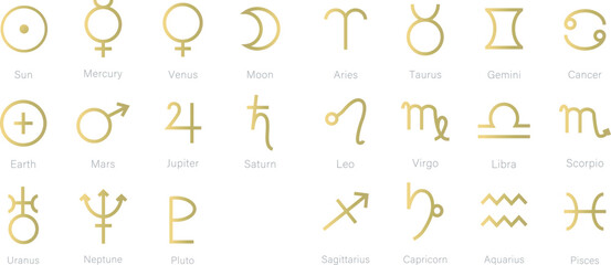 惑星記号と星座記号のセットイラスト　白背景　ホロスコープ  © gelatin
