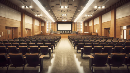Modern auditorium interior with lecturer desk and rows of vintage chairs in luxury training center. Generative Ai
