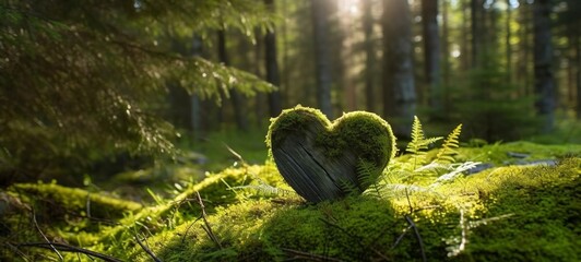 Forest dig cemetery, funeral background - Closeup of wooden heart on moss. Natural burial grave in the woods. Tree burial (Generative Ai)