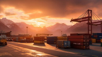 Fototapeta premium container terminal in the port at sunrise. Generative Ai