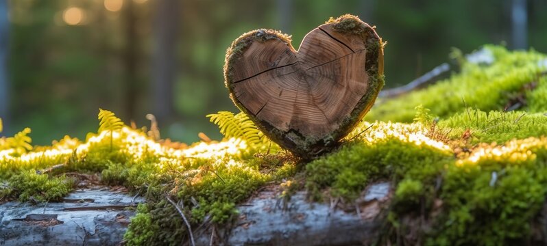Forest love background - Wooden mossy herat on moss in the woods, illuminated by the sun (Generative Ai)