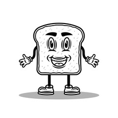 Bread slice or toast cartoon character with hands and legs vector illustration in vintage monochrome style isolated on white background
