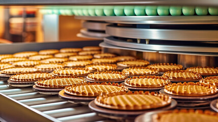 Cakes on automated round conveyor machine in bakery food factory. Generative Ai