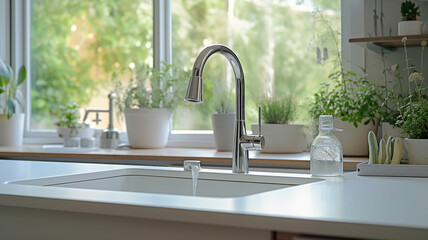 Beautiful white sink near window in modern kitchen. Generative Ai
