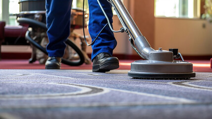 Professional Carpet Cleaning Service. Janitor Using Vacuum Cleaner. Generative Ai