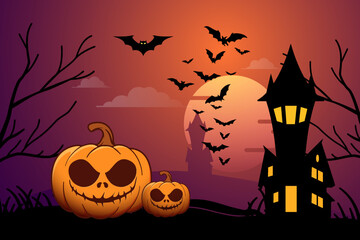 Fototapeta na wymiar Halloween background with spooky pumpkins, horror house and bat silhouettes in flat design