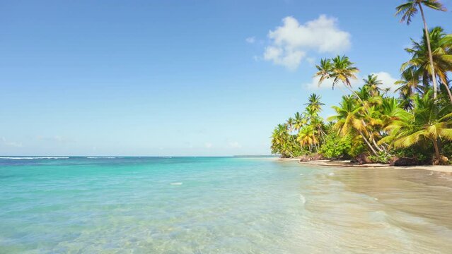 Turquoise ocean waves lie on a beautiful tropical beach on a sunny day. Bright coconut palms in front of a tropical landscape. Colored sky with clouds. Spring or summer holidays on a paradise island.