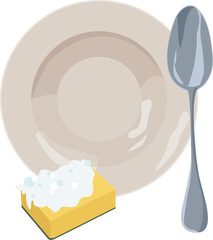 dishwashing, cleaning,plate, spoon and dishwashing sponge with foam vector illustration