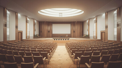 Modern auditorium interior with lecturer desk and rows of vintage chairs in luxury training center. Generative Ai - obrazy, fototapety, plakaty