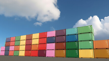 Obraz premium Stacked color cargo containers over the blue sky with clouds. Generative Ai