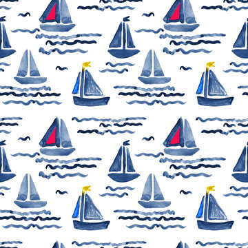 Ships on the waves, nautical style, repeatable pattern for textiles, wallpaper. Seamless print.