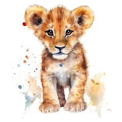 Watercolor little lion isolated on transparent background. Generative AI